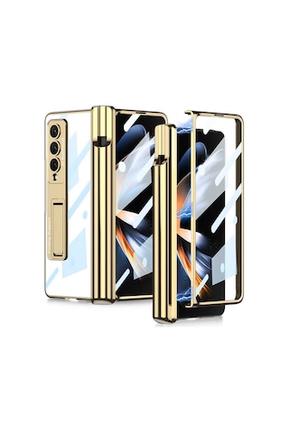 Rba Aksesuar Galaxy Uyumlu Z Fold 4 Kılıf Rba Kıpta Standlı Kalem Bölmeli Kapak - Gold Altın
