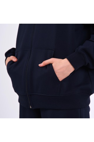 MMetalic Lacivert Kanguru Cepli Kapüşonlu Fermuarlı Oversize Kadın Sweatshirt Lacivert