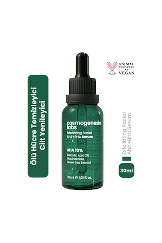 Cosmogenesis Labs AHA %10 BHA %2 Peeling Etkili Serum 30ml - Cilt Yenileyici Ölü Hücre Temizleyici Yeşil Çay Vegan