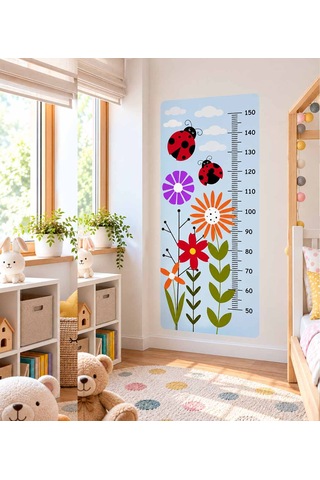 Çocuk Odası Boy Ölçer Çiçek Desenli Duvar Stickerı Folyo Baskı, Dekoratif Boymetre