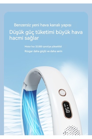 Relaxed Dijital Göstergeli Taşınabilir Küçük Usb Şarjı Yapraksız Asılı Boyun Fanı Beyaz 4000 Mah