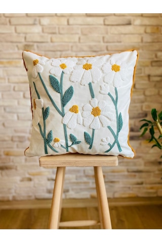 Swita Home Punch İşlemeli Tekli Dekoratif Papatya Desen Kırlent Kılıfı Panç Turkuaz