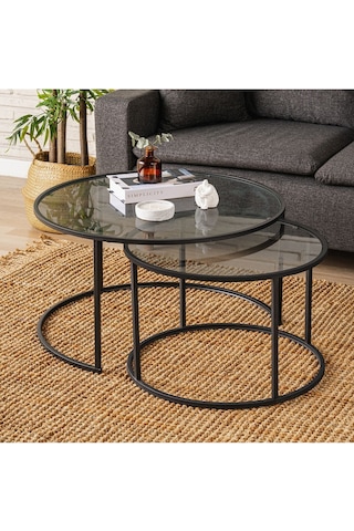 Tokyo Orta Sehpa 80 Cm Yuvarlak Füme Kırılmaz Cam 2 Li Sehpa Takımı