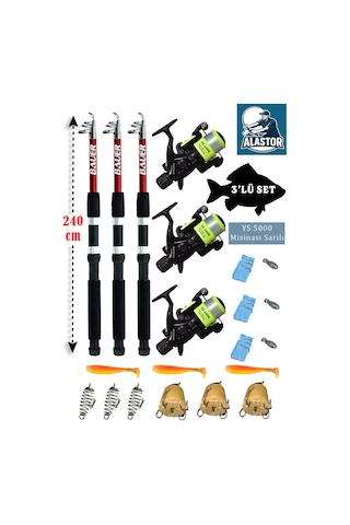 Sazan Hazır 3'lü Olta Takımı Hazır Göl Tatlı Su Olta Seti 3'erli Olta Seti Pegasus 240cm Sazan