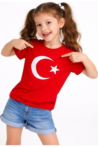 Mzpkartan Kız Çocuk Tişört Bisiklet Yaka Ay Yıldız Bayrak Baskılı T-shirt - Kırmızı