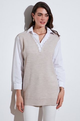 Lela Modest Standart Fit Gömlek Yaka Tesettür Triko Bayan Tunik 4612148 Bej