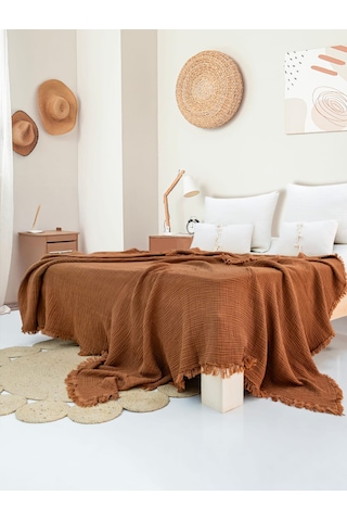 4 Katlı Müslin Yatak Örtüsü - Kahverengi Renk Çift Kişilik Pike