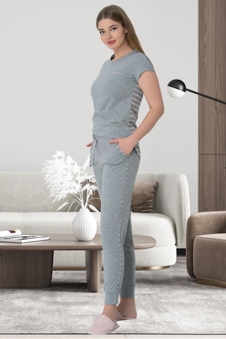 Mecit Pijama Mecit 5624 Ekru Çizgili Gri Kadın Spor Pijama Takımı 001
