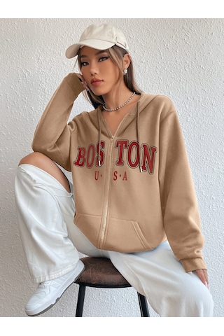 Altamira Unisex Bej Boston Baskı Kapüşonlu Hırka 001
