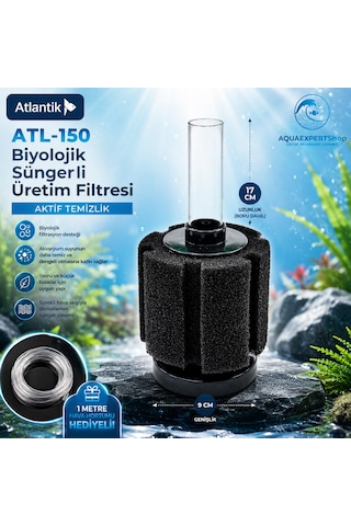 Atlantik Biyolojik Süngerli Üretim Filtresi - Temizlik Filtresi - Pipo Filtre - Aktif Temizlik - . 17x Cm - 1 Metre Hava Hortumu Hediye