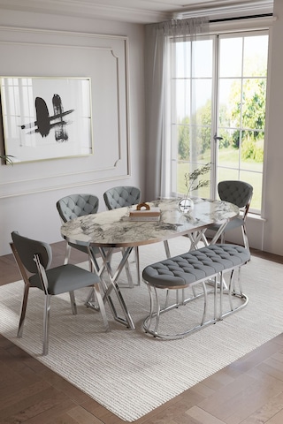 Mutfak Masası Takımı 6 Kişilik Masa Takımı Elma Avangarde Yemek Masa Takımı Benchli Beyaz Mermer Gümüş