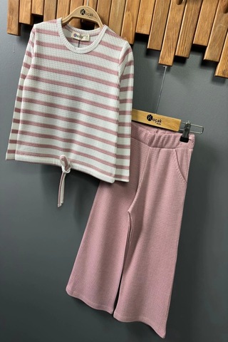 Çizgili Kız Çocuk Bol Paça Mevsimlik Pembe Renk Takım Pembe