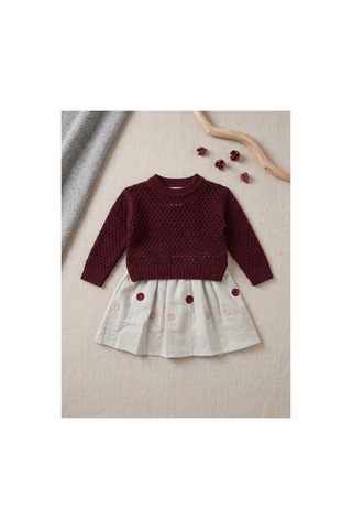 Deniva Kids Kız Çocuk Bordo Triko Kazak Ve Çiçek Nakışlı Keten Etekli 2'li İkili Takım
