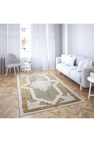 Nostalji Seri Gold Çerçeveli Klasik Motifli Altı Kaymaz Makine Dokuma Halı 13417 Çok Renkli