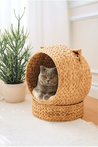 Evistro Dekoratif Kulaklı Minderli Hasır Kedi Köpek Yatağı Sepet