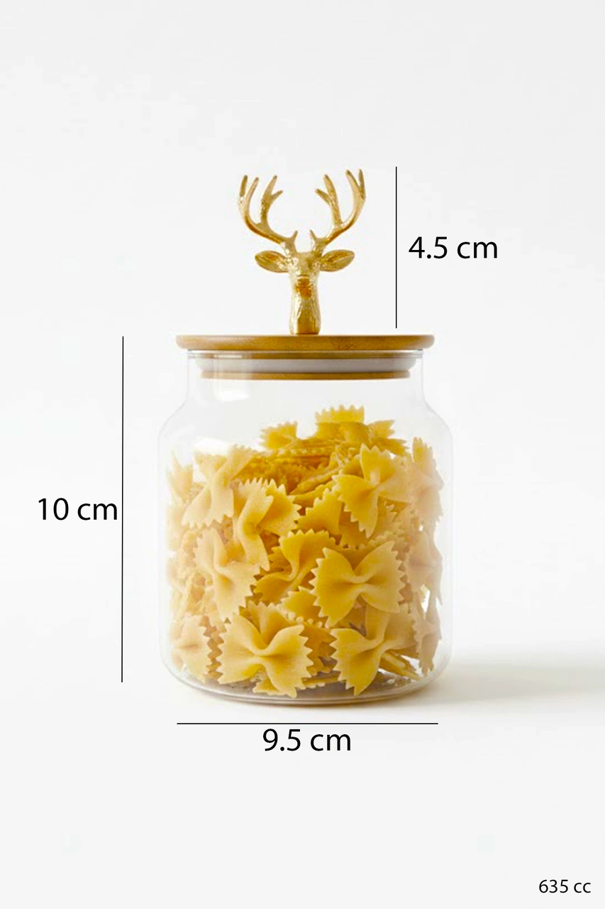 3 Lü Bambu Kapaklı Metal Geyik Figürlü Cam Kavanoz Seti - Saklama Kabı 635cc Şeffaf