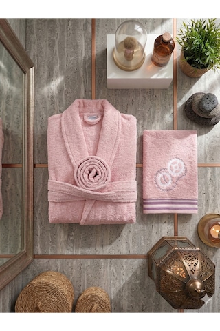 Premium 2'li Aile Bornoz Seti Çeyizlik Pamuklu Hediyelik Banyo Takımı S/m Pudra
