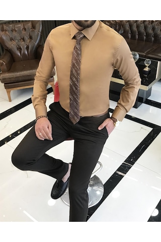 İtalyan Stil Slim Fit Saten Pamuk Erkek Kravat Yaka Gömlek Hardal T9429-hardal Hardal
