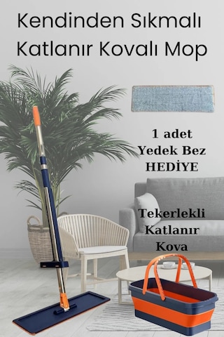 Kendinden Sıkmalı Katlanır Kovalı Lüks Mop Seti Yedek Bez