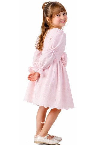 Kız Çocuk Çiçek Detaylı Balon Kol Model Etek Uçları Güpür Detaylı Astarlı Pembe Renk Midi Boy Elbise Pembe