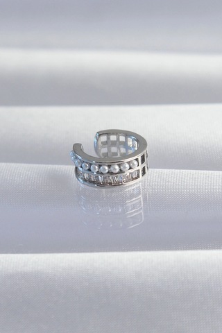 Pirinç Gümüş Renk İncili Baget Taşlı Earcuff Küpe 5886 Çok Renkli