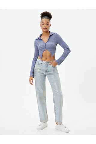 Koton Crop Bluz Asimetrik Kesim Dokulu Slim Fit Uzun Kollu Gömlek Yaka Mavi 4sal60021ık 4SAL60021IK624