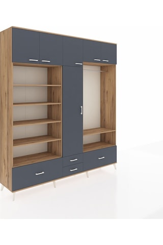 Hyperion Dolap 18 Raflı 4 Çekmeceli Tek Askılı 220x44x243 Çam-antrasit/antrasit Antrasıt/antrasıt