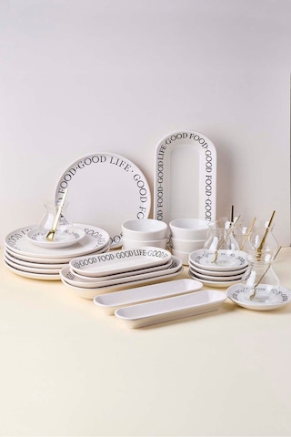 Good 37 Parça 6 Kişilik Stackable Kahvaltı Takımı Ve Sunum Seti Beyaz Beyaz