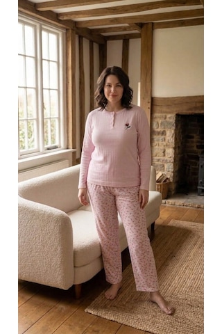 Eyfuze Kadın Kışlık Büyük Beden Desenli Yakası Düğmeli Uzun Kollu Pijama Takımı Pembe - Gri