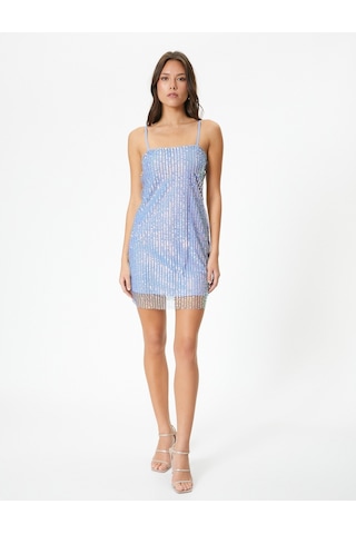 Koton Pullu Payetli Mini Abiye Elbise İnce Askılı Slim Fit Açık İndigo 4sak80005fk