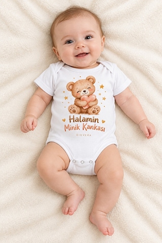 Gıovera Halamın Minik Kankası Ayıcık Baskılı Beyaz Kısa Kollu Pamuklu Bebek Zıbın Body
