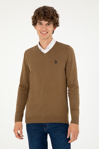 U.S. Polo Assn. Erkek Slim Fit V Yaka Haki Melanj Basic Kazak 50293512-VR125
