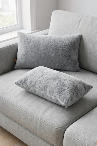 İskandinav 2'li Kırlent Kılıfı Modern Dekoratif Salon Koltuk Yastık Kılıfı 28x50 cm Teddy Puffy Gri