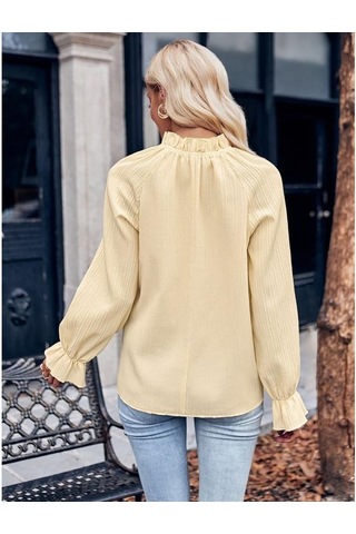 İlkbahar Ve Sonbahar Kadın Bluz Fırfırlı Yaka Jakarlı Gevşek Mizaç Banliyö Uzun Kollu Üst Pembe