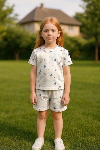 Kız Çocuk %100 Pamuklu Kuş Desenli Şortlu Takım 3-4 Yaş 8-9 Yaş Beyaz