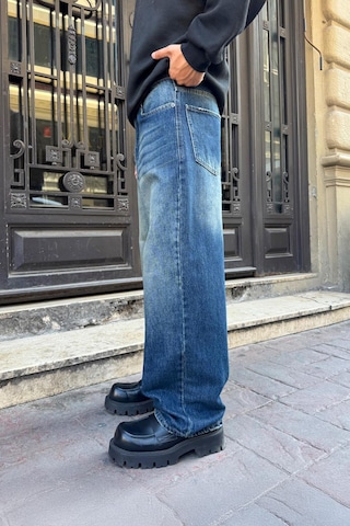 Flaw Yıkamalı Çizgili Baggy Jean Mavi Mavi
