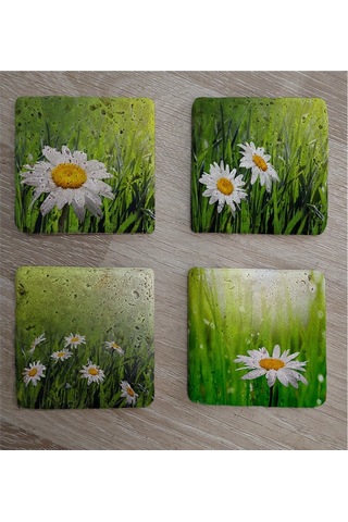 Papatyalar Doğal Taş Bardak Altlığı 4'lü Set - Natural Stone Coasters - Taş Çok Renkli