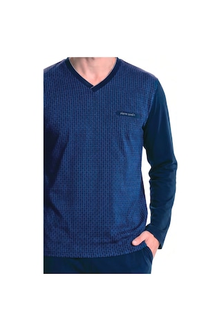 Pierre Cardin 6143 Erkek Uzun Kollu Yakası Düğmeli Jakarlı Pijama Takımı-lacivert
