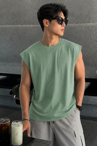 Tarz Cool Erkek Oversize Kolsuz Tişört %100 Pamuk Süprem Basic Bisiklet Yaka Yeşil