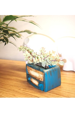 Artepieza Retro Radyo Sukulent Saksısı Ve Kalemlik - Masaüstü Dekoratif Organizer Petrol Mavisi 12 8 12cm