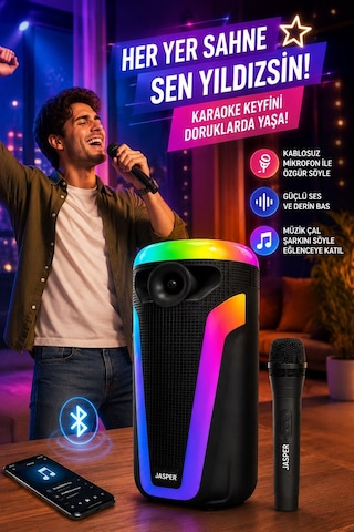 Jasper-1547 Işıklı Mikrofonlu Bluetooth Hoparlör Radyo-bt-usb-mic Uyumlu