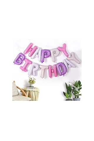 35 Cm Happy Birthday Pembe Mor Harf Folyo Balon Seti - Doğum Günü Parti Dekorasyonu Çok Renkli