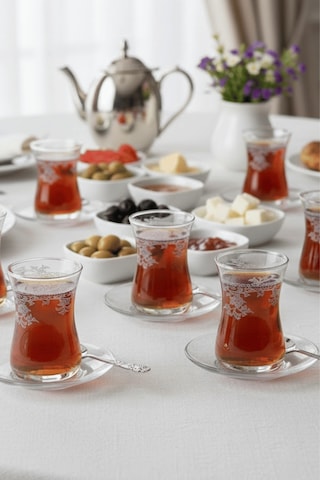 Florale Model Desenli Şeffaf Cam Çay Seti 12 Parça Çay Takımı Şeffaf