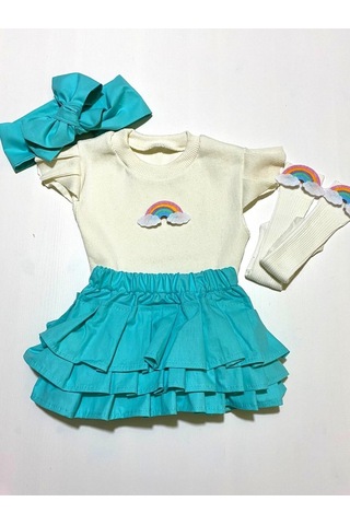 Özge Başaran Kız Bebek Mint Fırfırlı Şortlu Etek, Kolsuz Bluz, Gökkuşağı Figürlü Çorap Fiyonklu Mint