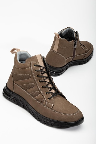 Hakiki Deri Nubuk Erkek Bot Vizon Elastik Bağcıklı Yan Baskılı-3475 Vizon