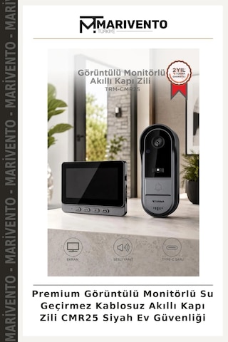Premium Görüntülü Monitörlü Su Geçirmez Kablosuz Akıllı Kapı Zili Cmr25 Siyah Ev Güvenliği