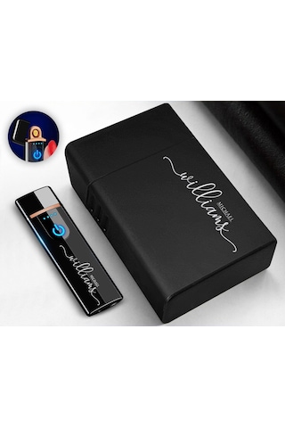 Bk Gift Kişiye Özel Siyah Sigara Tabakası ve Elektronik Dokunmatik Alevsiz Şarjlı Çakmak Seti 15