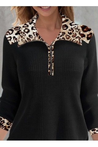 Efnaz Style Kadın Uzun Kollu Leopar Yakalı Fermuarlı Waffle Bluz siyah