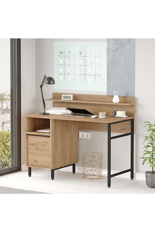 Bohem Çalışma Masası 60x120cm Raflı Dolaplı Metal Ayaklı Sepet Boh16-s Kahverengi