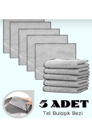 Mainshop 5 Adet Bez Telli Bulaşık Bezi, Zor Kir Bezi, Mutfak Banyo Bezi Çift Katlı Çok Amaçlı Tel Bezi M-602 Gri